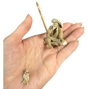 Chinese Shiwan Fisherman Figurine Mudman Fishing Pole Oriental‎ Clay Pottery 2"